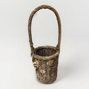 Vintage Rattan Woven Wicker Wine Bottle Basket With Handle & Grapevines ~14.25"